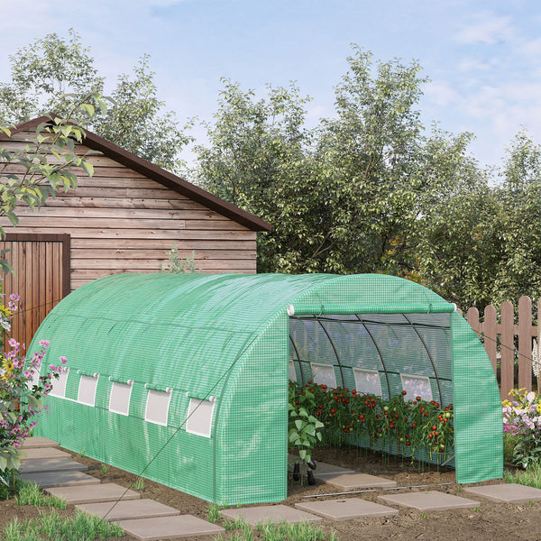 Serre de jardin 18 m² dim. 6L x 3l x 2H m avec porte + parois latérales zippées enroulables, 12 fenêtres, acier PE haute densité 140 g/m² Anti-UV vert