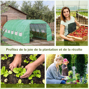 Serre de jardin 18 m² dim. 6L x 3l x 2H m avec porte + parois latérales zippées enroulables, 12 fenêtres, acier PE haute densité 140 g/m² Anti-UV vert