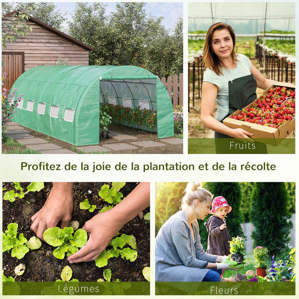 Serre de jardin 18 m² dim. 6L x 3l x 2H m avec porte + parois latérales zippées enroulables, 12 fenêtres, acier PE haute densité 140 g/m² Anti-UV vert