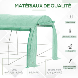 Serre de jardin 18 m² dim. 6L x 3l x 2H m avec porte + parois latérales zippées enroulables, 12 fenêtres, acier PE haute densité 140 g/m² Anti-UV vert