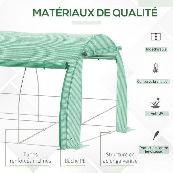 Serre de jardin 18 m² dim. 6L x 3l x 2H m avec porte + parois latérales zippées enroulables, 12 fenêtres, acier PE haute densité 140 g/m² Anti-UV vert