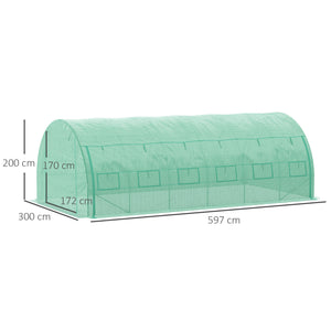 Serre de jardin 18 m² dim. 6L x 3l x 2H m avec porte + parois latérales zippées enroulables, 12 fenêtres, acier PE haute densité 140 g/m² Anti-UV vert