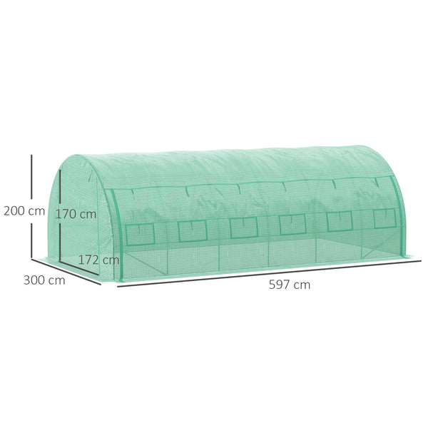 Serre de jardin 18 m² dim. 6L x 3l x 2H m avec porte + parois latérales zippées enroulables, 12 fenêtres, acier PE haute densité 140 g/m² Anti-UV vert