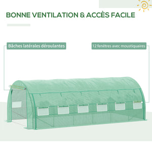 Serre de jardin 18 m² dim. 6L x 3l x 2H m avec porte + parois latérales zippées enroulables, 12 fenêtres, acier PE haute densité 140 g/m² Anti-UV vert