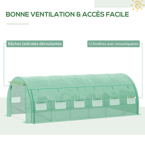 Serre de jardin 18 m² dim. 6L x 3l x 2H m avec porte + parois latérales zippées enroulables, 12 fenêtres, acier PE haute densité 140 g/m² Anti-UV vert