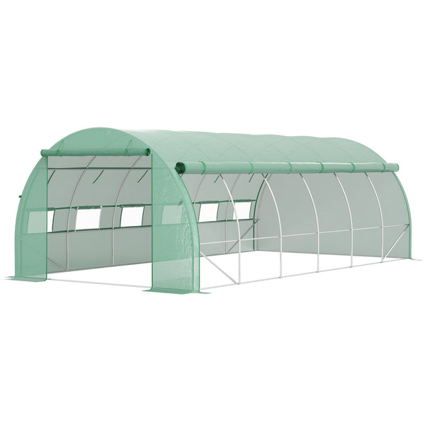 Serre de jardin 18 m² dim. 6L x 3l x 2H m avec porte + parois latérales zippées enroulables, 12 fenêtres, acier PE haute densité 140 g/m² Anti-UV vert
