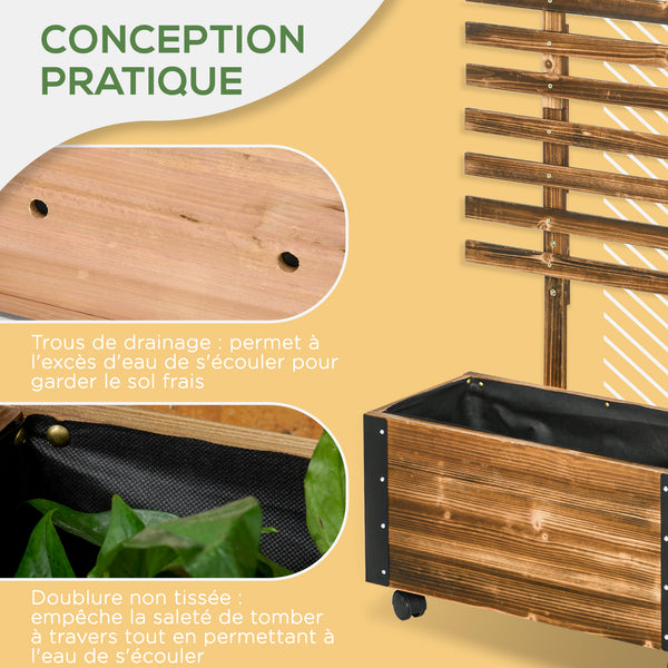 Jardinière avec treillis - bac à fleurs avec tissu non tissé et roulettes - 65 x 31 x 147 cm bois sapin pré-huilé