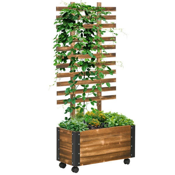 Jardinière avec treillis - bac à fleurs avec tissu non tissé et roulettes - 65 x 31 x 147 cm bois sapin pré-huilé