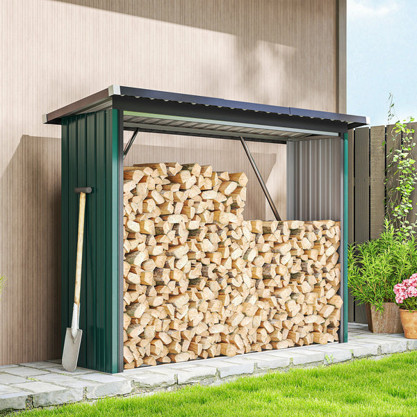 Abri-bûches Couvert en Acier Galvanisé, Support pour Bois de Chauffage Robuste, Montage Rapide, Étagère à Bûches Extérieur Plancher Surélevé Toit Incliné, 213x66,5x150cm, Vert