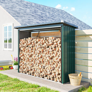Abri-bûches Couvert en Acier Galvanisé, Support pour Bois de Chauffage Robuste, Montage Rapide, Étagère à Bûches Extérieur Plancher Surélevé Toit Incliné, 213x66,5x150cm, Vert
