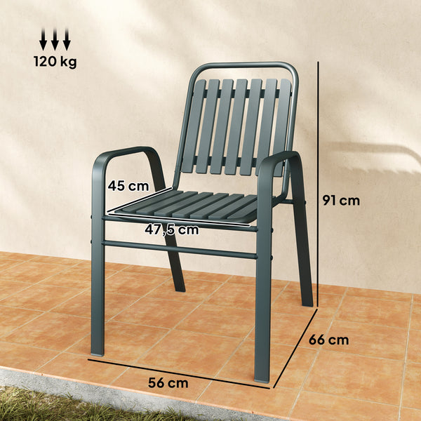 Lot de 4 chaises de jardin chaises empilables d'extérieur avec haut dossier et accoudoirs, cadre en acier pour jardin, piscine, terrasse, gris