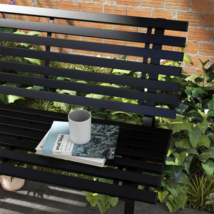 Banc de jardin banquette extérieur 2 Places Assise Dossier à Lattes, en aluminium, dim. 123L x 67l x 79H cm, noir