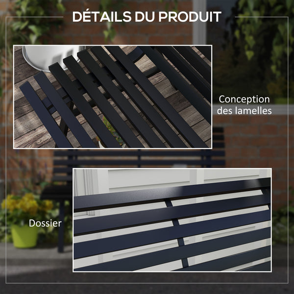 Banc de jardin banquette extérieur 2 Places Assise Dossier à Lattes, en aluminium, dim. 123L x 67l x 79H cm, noir