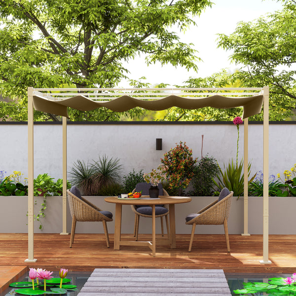 Pergola Rétractable Coulissante 3 x 3 m, tonnelle de Jardin à fixation magnétique Tissu Polyester Haute densité 180g/m² résistant aux UV, pour patios, jardin, terrasse, arrière-cours, kaki