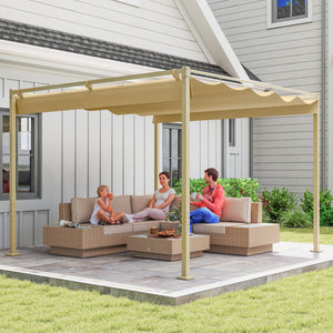 Pergola Rétractable Coulissante 3 x 3 m, tonnelle de Jardin à fixation magnétique Tissu Polyester Haute densité 180g/m² résistant aux UV, pour patios, jardin, terrasse, arrière-cours, kaki