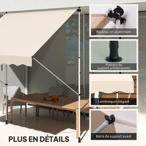 Store banne Manuel rétractable 3L x 1,5l m Auvent Téléscopique sans Perçage Inclinaison et Hauteur réglable Installation Rapide métal alu Polyester Anti-UV beige