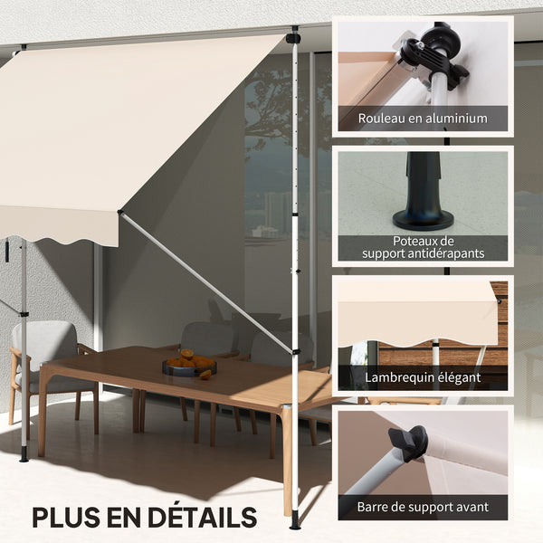Store banne Manuel rétractable 3L x 1,5l m Auvent Téléscopique sans Perçage Inclinaison et Hauteur réglable Installation Rapide métal alu Polyester Anti-UV beige