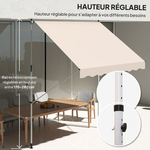 Store banne Manuel rétractable 3L x 1,5l m Auvent Téléscopique sans Perçage Inclinaison et Hauteur réglable Installation Rapide métal alu Polyester Anti-UV beige