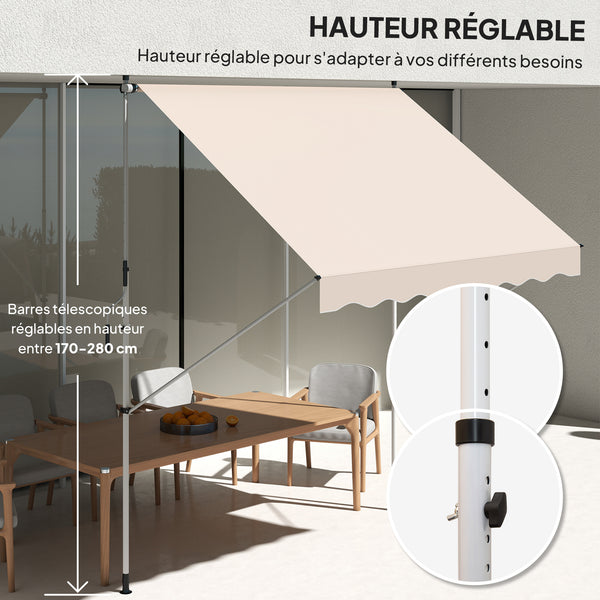 Store banne Manuel rétractable 3L x 1,5l m Auvent Téléscopique sans Perçage Inclinaison et Hauteur réglable Installation Rapide métal alu Polyester Anti-UV beige