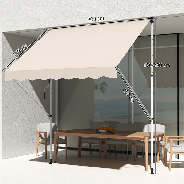 Store banne Manuel rétractable 3L x 1,5l m Auvent Téléscopique sans Perçage Inclinaison et Hauteur réglable Installation Rapide métal alu Polyester Anti-UV beige