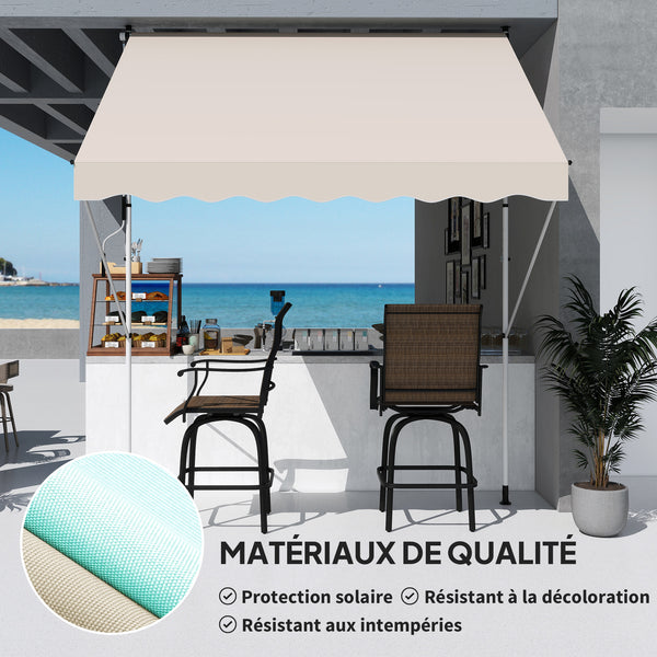 Store banne Manuel rétractable 3L x 1,5l m Auvent Téléscopique sans Perçage Inclinaison et Hauteur réglable Installation Rapide métal alu Polyester Anti-UV beige
