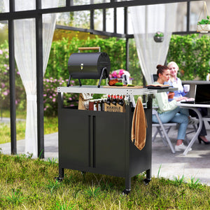 Desserte jardin chariot de barbecue avec tablette pliable, desserte pour plancha avec plateau en acier inoxydable et crochets, desserte extérieur à roulettes, 116 x 50 x 93 cm, noir