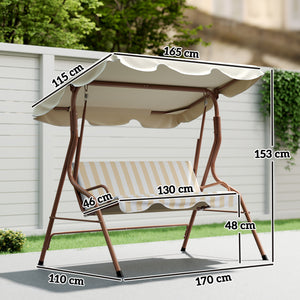 Balancelle de Jardin 3 Places Toit imperméabilisé Inclinaison réglable Coussins Assise Dossier 1,7L x 1,1l x 1,53H m Acier Polyester marron crème rayé
