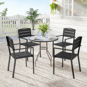 - Ensemble de 4 chaises de jardin empilables, avec assise et dossier en HDPE à lattes, accoudoirs et structure en métal, pour terrasse ou balcon, noir