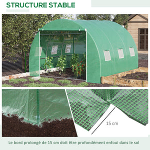 Serre de jardin 9 m², serre tunnel de jardin 3 x 3 x 2 m avec porte enroulable et 6 fenêtres en maille, serre en acier et PE haute densité, résistante aux UV, vert