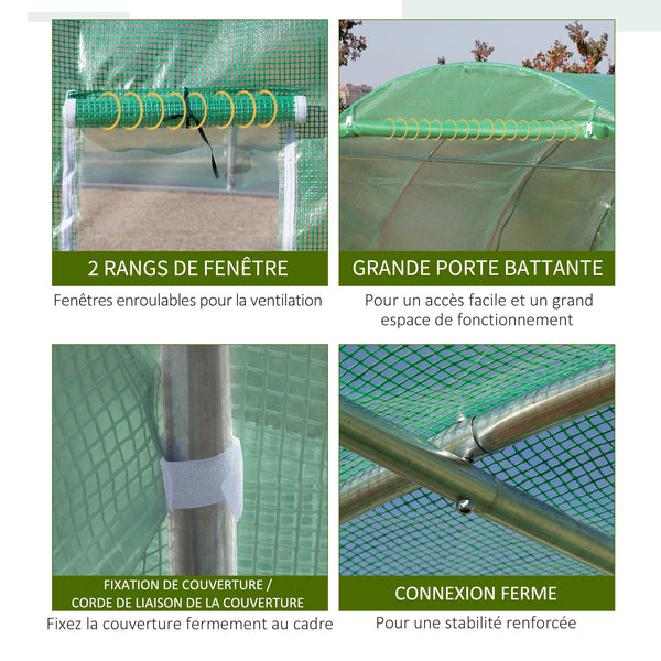 Serre de jardin 9 m², serre tunnel de jardin 3 x 3 x 2 m avec porte enroulable et 6 fenêtres en maille, serre en acier et PE haute densité, résistante aux UV, vert