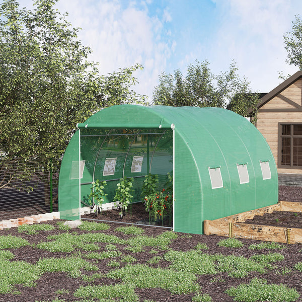 Serre de jardin 9 m², serre tunnel de jardin 3 x 3 x 2 m avec porte enroulable et 6 fenêtres en maille, serre en acier et PE haute densité, résistante aux UV, vert
