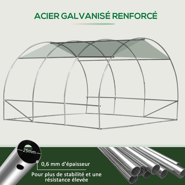 Serre de jardin 9 m², serre tunnel de jardin 3 x 3 x 2 m avec porte enroulable et 6 fenêtres en maille, serre en acier et PE haute densité, résistante aux UV, vert