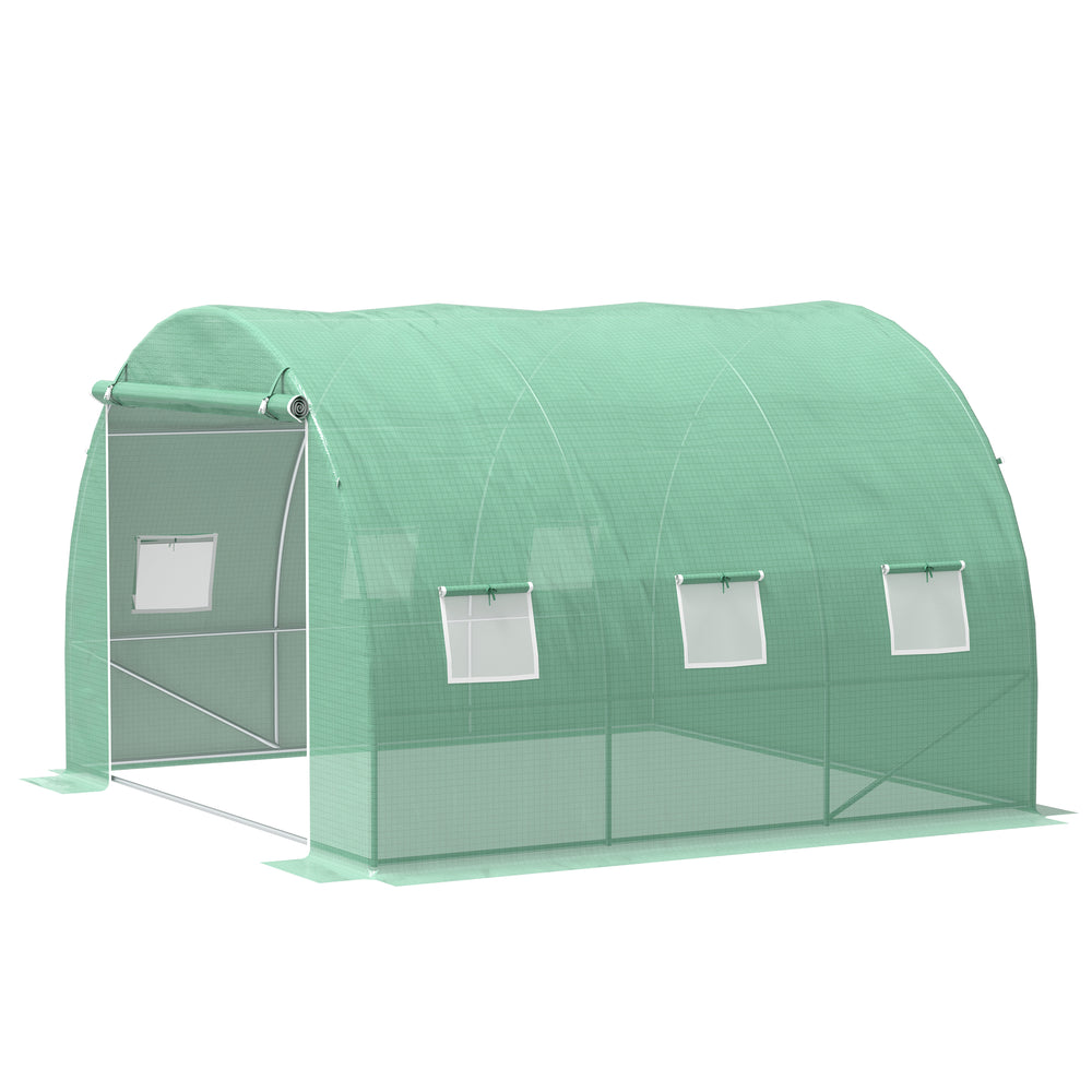 Serre de jardin 9 m², serre tunnel de jardin 3 x 3 x 2 m avec porte enroulable et 6 fenêtres en maille, serre en acier et PE haute densité, résistante aux UV, vert