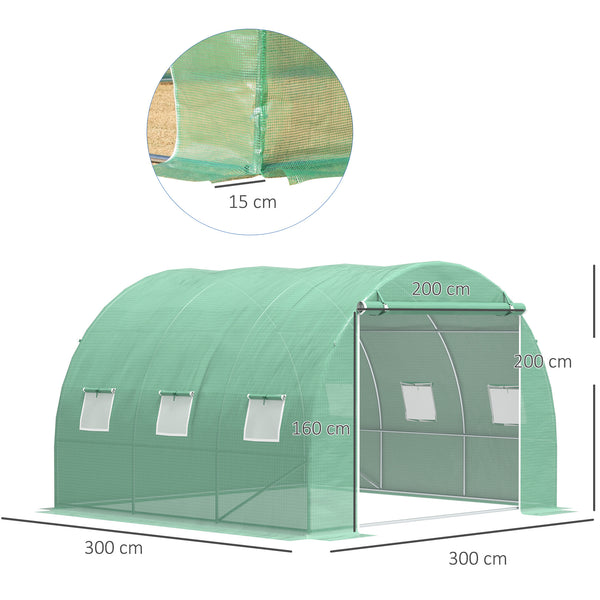 Serre de jardin 9 m², serre tunnel de jardin 3 x 3 x 2 m avec porte enroulable et 6 fenêtres en maille, serre en acier et PE haute densité, résistante aux UV, vert