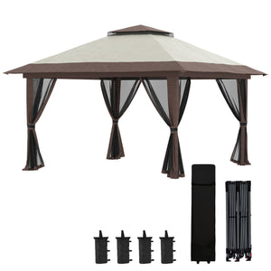 Tonnelle de jardin extérieur barnum de jardin pop-up tente pliant 4 x 4 m double toit protection UV 50+ 4 moustiquaires, 4 sacs de sable, 1 sac de transport tissu Oxford métal beige et marron