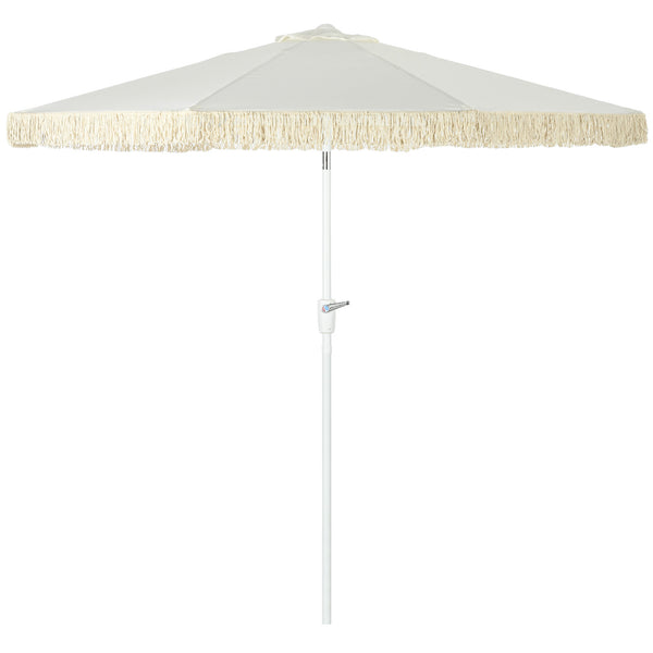 Parasol de jardin parasol extérieur inclinable à franges avec manivelle 8 baleines dim. Ø 2,65 x 2,45 H m Blanc