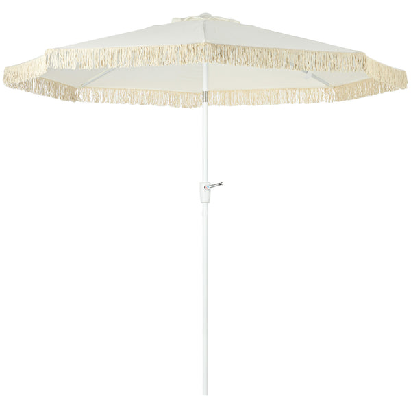 Parasol de jardin parasol extérieur inclinable à franges avec manivelle 8 baleines dim. Ø 2,65 x 2,45 H m Blanc