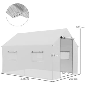 Serre de jardin tunnel 2 x 3m, 6m² avec porte enroulable, 4 fenêtres, - Acier galvanisé PE Haute densité Blanc