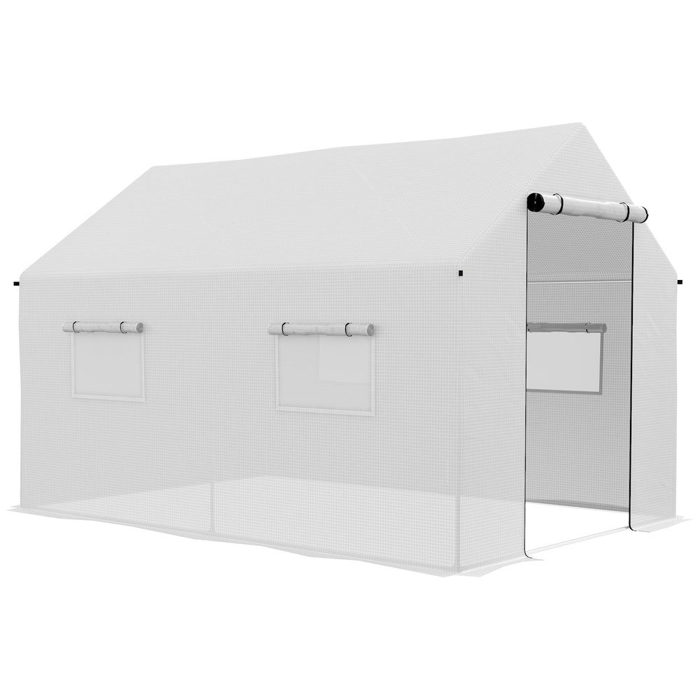 Serre de jardin tunnel 2 x 3m, 6m² avec porte enroulable, 4 fenêtres, - Acier galvanisé PE Haute densité Blanc