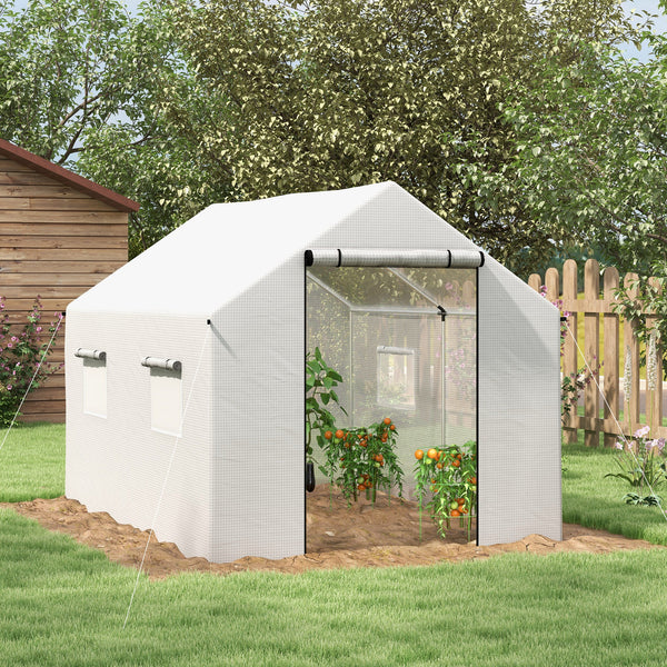 Serre de jardin tunnel 2 x 3m, 6m² avec porte enroulable, 4 fenêtres, - Acier galvanisé PE Haute densité Blanc