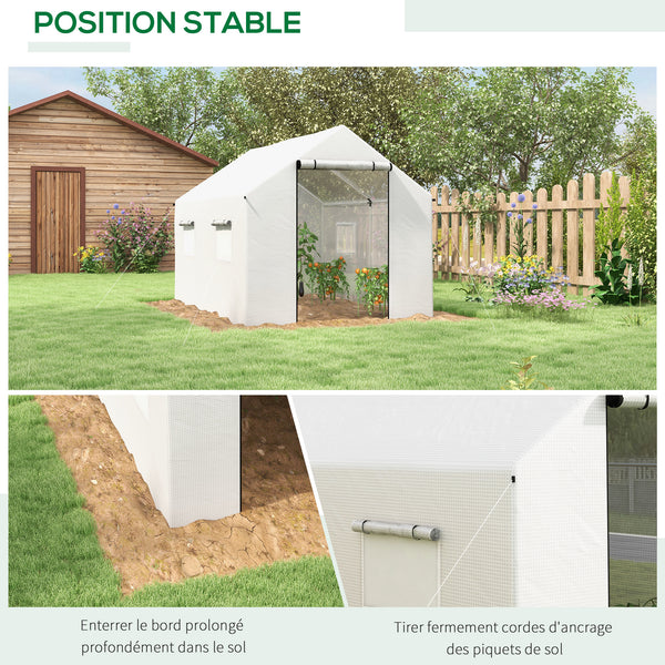 Serre de jardin tunnel 2 x 3m, 6m² avec porte enroulable, 4 fenêtres, - Acier galvanisé PE Haute densité Blanc