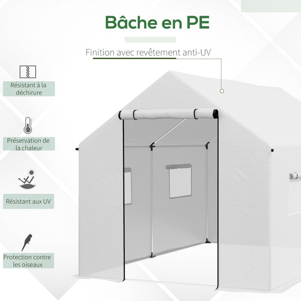 Serre de jardin tunnel 2 x 3m, 6m² avec porte enroulable, 4 fenêtres, - Acier galvanisé PE Haute densité Blanc