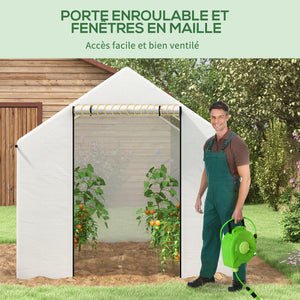 Serre de jardin tunnel 2 x 3m, 6m² avec porte enroulable, 4 fenêtres, - Acier galvanisé PE Haute densité Blanc