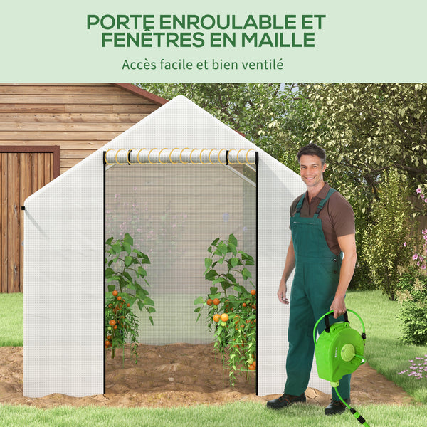 Serre de jardin tunnel 2 x 3m, 6m² avec porte enroulable, 4 fenêtres, - Acier galvanisé PE Haute densité Blanc