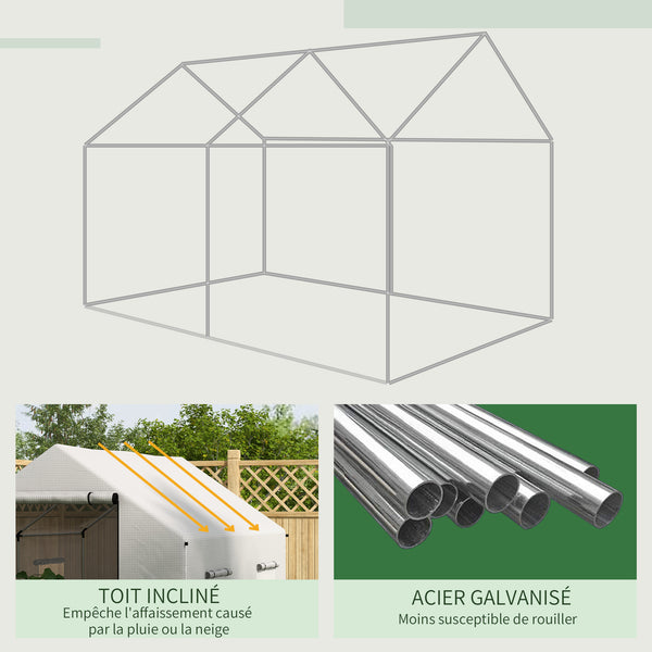 Serre de jardin tunnel 2 x 3m, 6m² avec porte enroulable, 4 fenêtres, - Acier galvanisé PE Haute densité Blanc