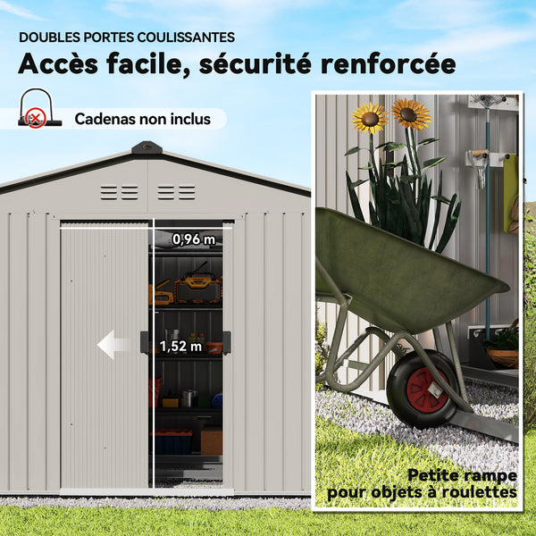 Abri de jardin en métal 5,4 m² cabane de jardin 277 x 195 x 192 cm cabanon rangement outils avec fondation, porte coulissante verrouillables et 4 aérations - anthracite