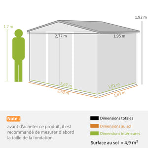 Abri de jardin en métal 5,4 m² cabane de jardin 277 x 195 x 192 cm cabanon rangement outils avec fondation, porte coulissante verrouillables et 4 aérations - anthracite