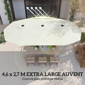 Parasol de jardin extérieur 459 x 266 cm, parasol double avec manivelle, polyester 180g/m², protection UV 50+, housse de protection inclus, pour patio, terrasse, crème