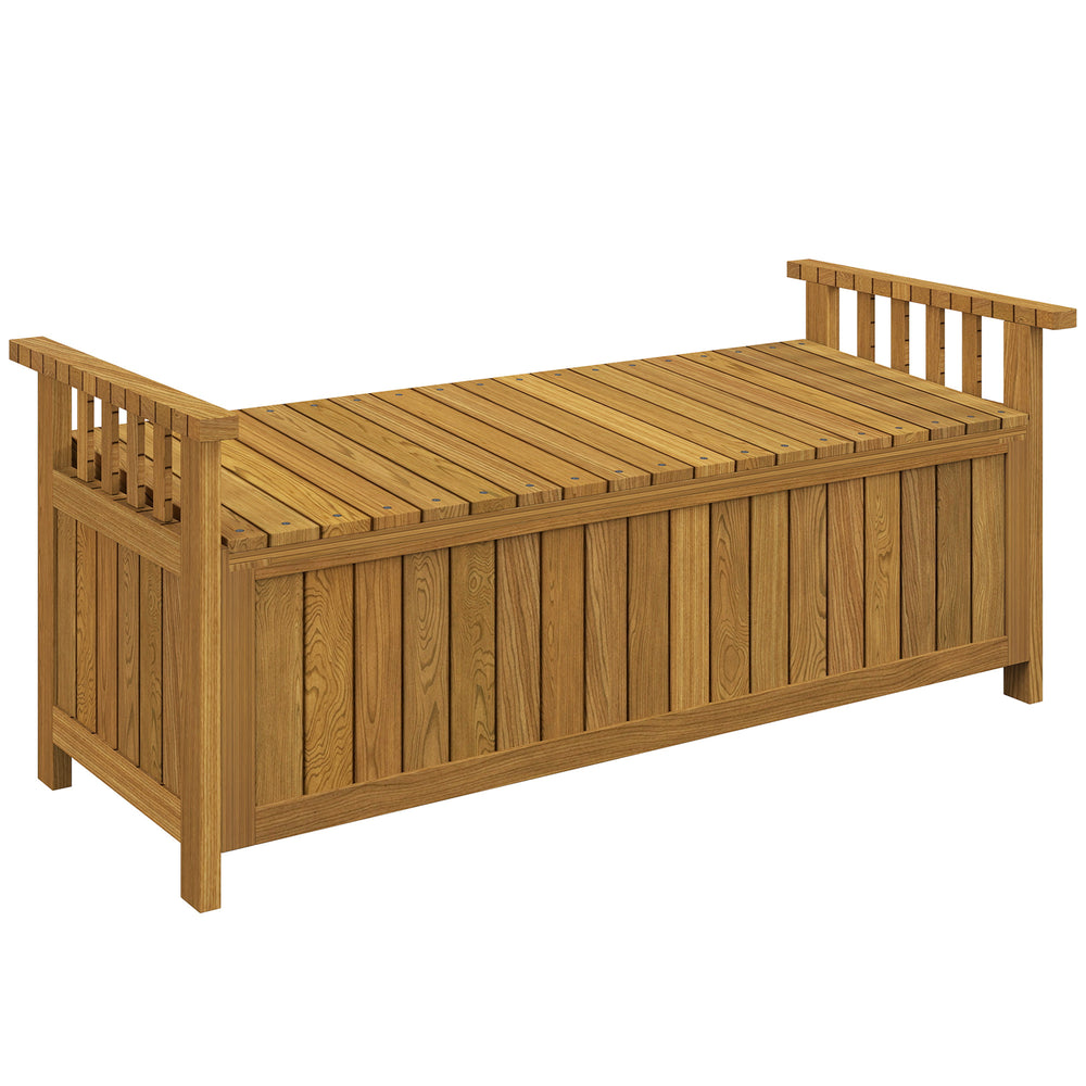 Banc de jardin en bois 2 places avec espace de rangement de 186L, banc d'extérieur avec accoudoirs, charge 240 kg, pour jardin balcon, 128,5 x 56 x 53,5 cm marron