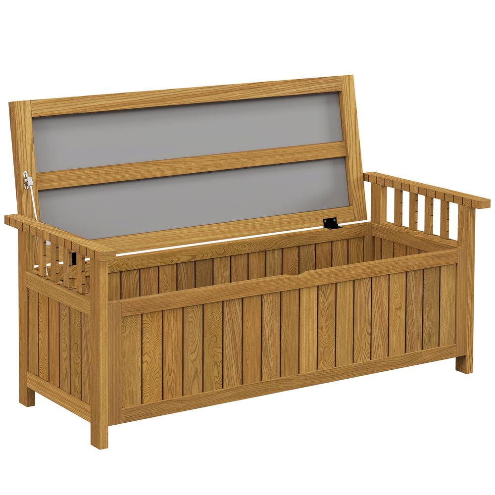 Banc de jardin en bois 2 places avec espace de rangement de 186L, banc d'extérieur avec accoudoirs, charge 240 kg, pour jardin balcon, 128,5 x 56 x 53,5 cm marron